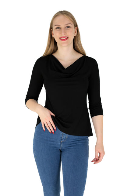 Fair Fashion, elegantes Wasserfallshirt Dreiviertelarm, schwarzer Viskosejersey